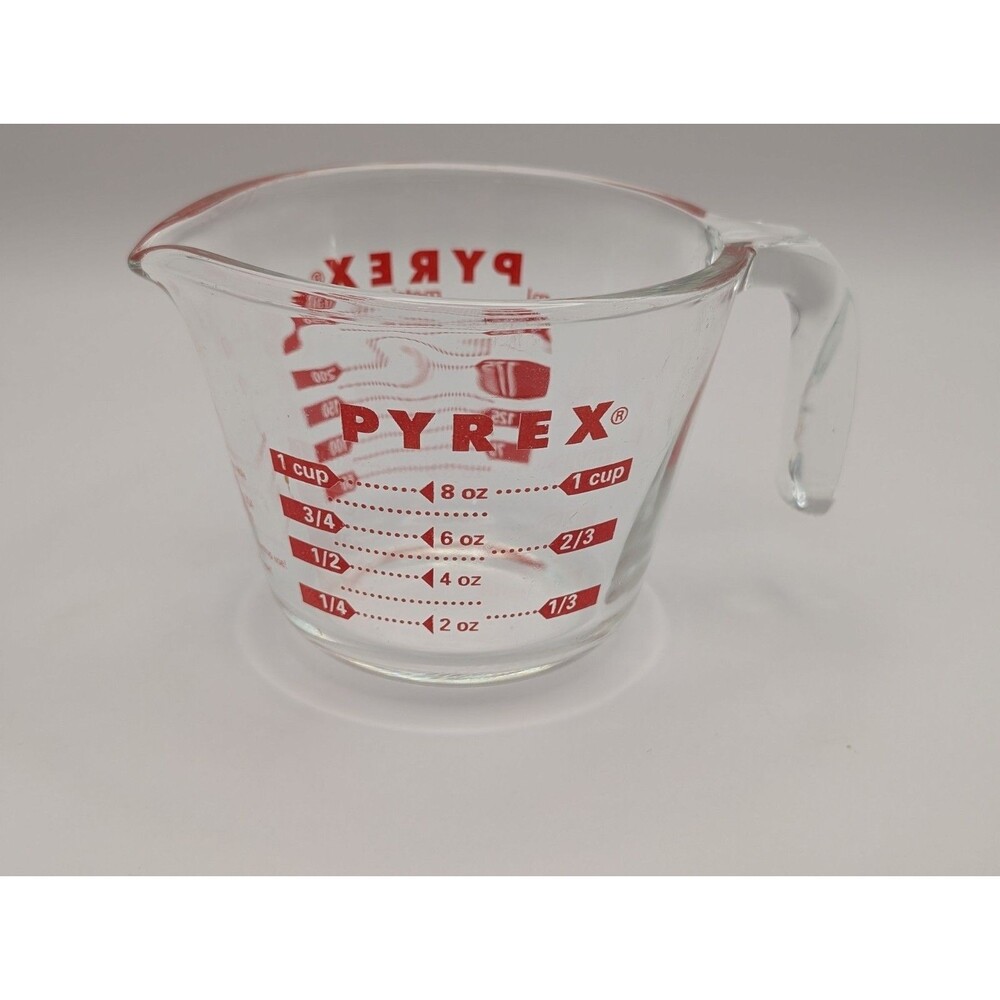 Vintage Pyrex 1 Cup Glass Measuring Cup 508 Red Letters Open J Handle USA 8oz